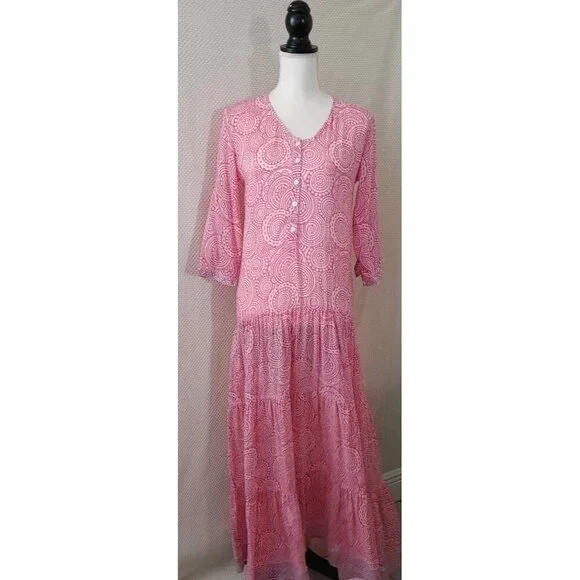 BELL By Alicia Bell Pink Tiered Maxi Dress Roll Tab Sleeves Button Front Size XS